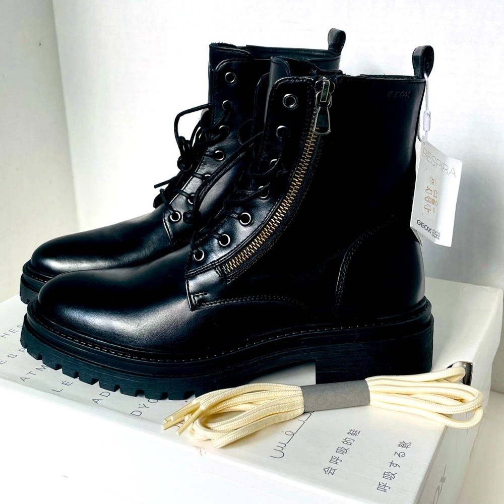 💚 GEOX: LEATHER Combat-style boots with treaded lug sole, side zip closure.